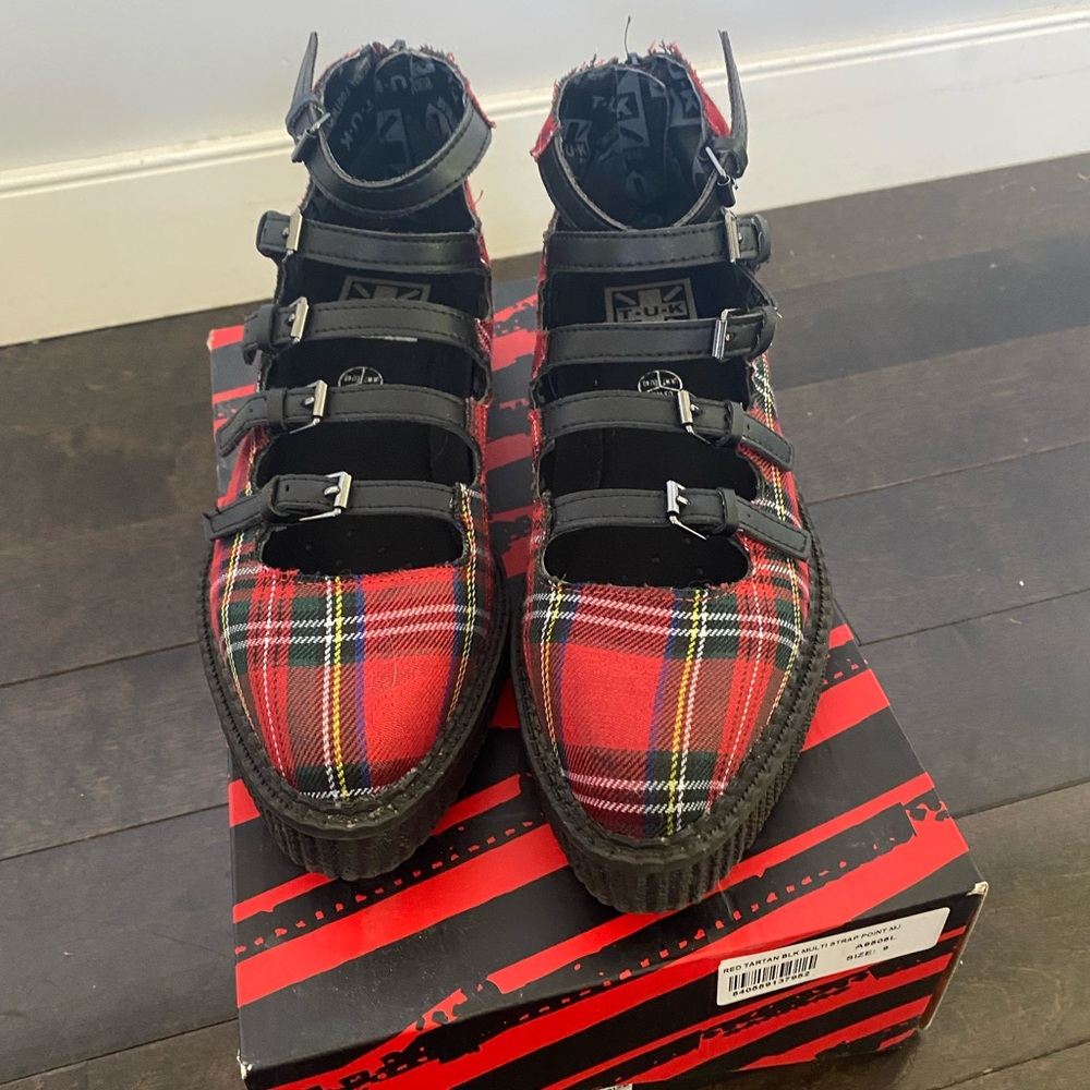 T.U.K Red and Black Plaid Buckle Mary Jane shoes